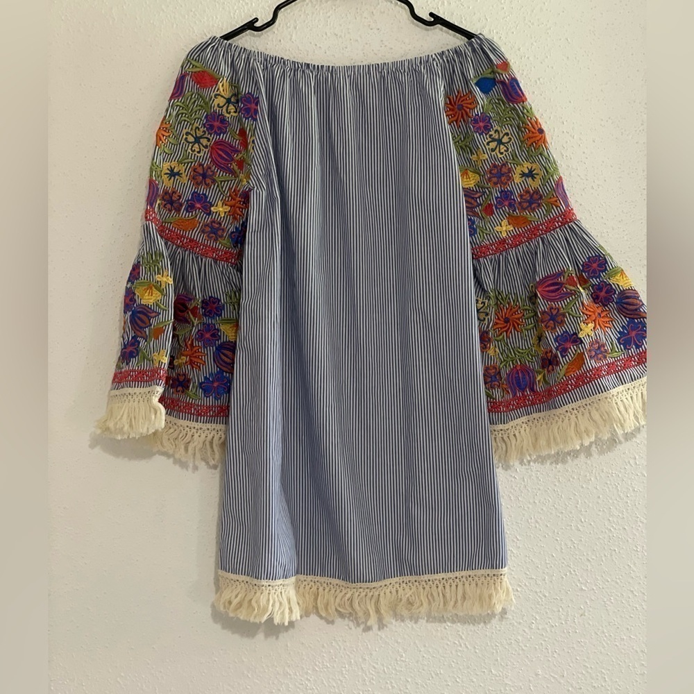 VELZERA | BLUE PINSTRIPE EMBROIDERED OFF THE SHOULDER MINI DRESS TUNIC SZ S